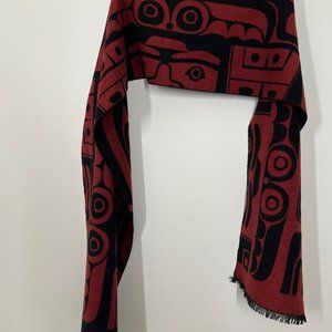 Native Northwest brand scarf in brushed silk in dramatic indigenous pattern